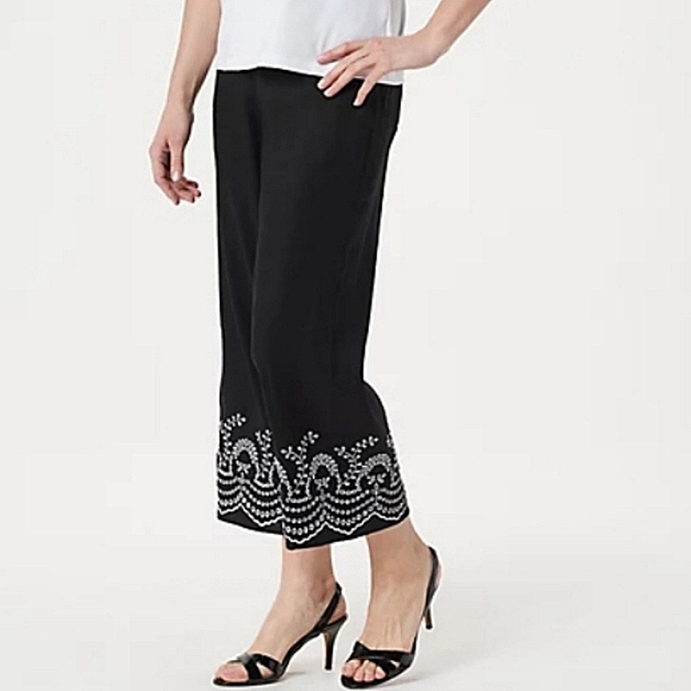 Susan Graver Linen Boho Lace Pants Pull On Size 26 Black